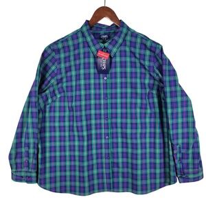 Chaps Shirt Size 3X Plus Blue Green Plaid Long Sleeve Cotton Non-Iron Button NEW